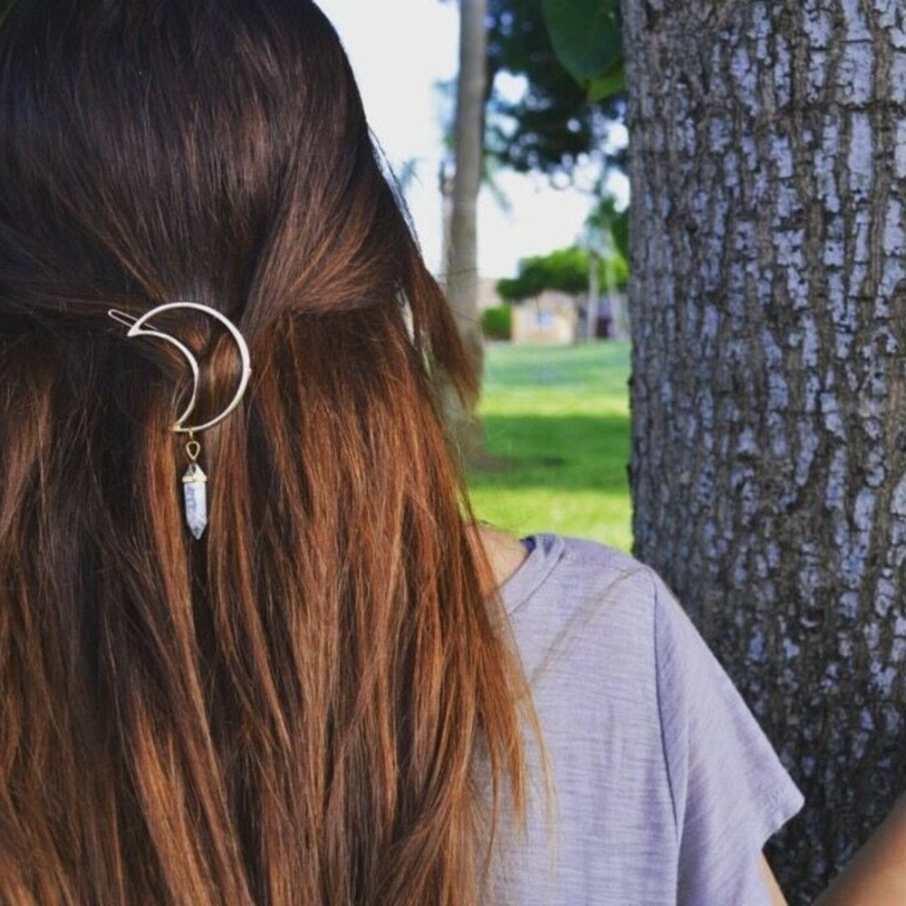 Silver Crescent Moon Hair Clip Natural White Pine